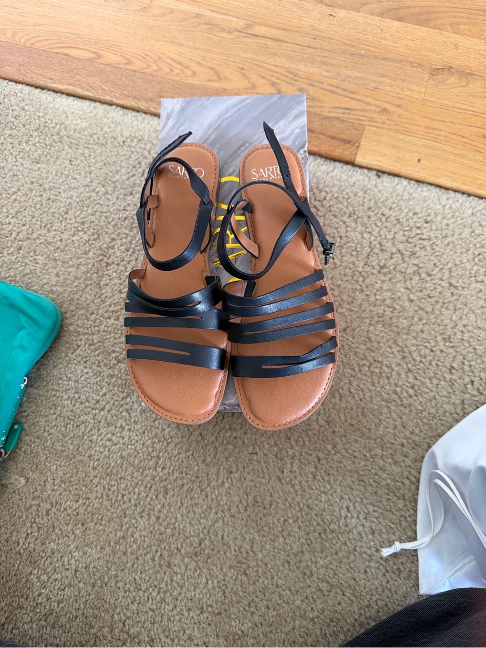 SARTO By Franco Sarto Black Strappy Leather Sandals with Brown Footbed